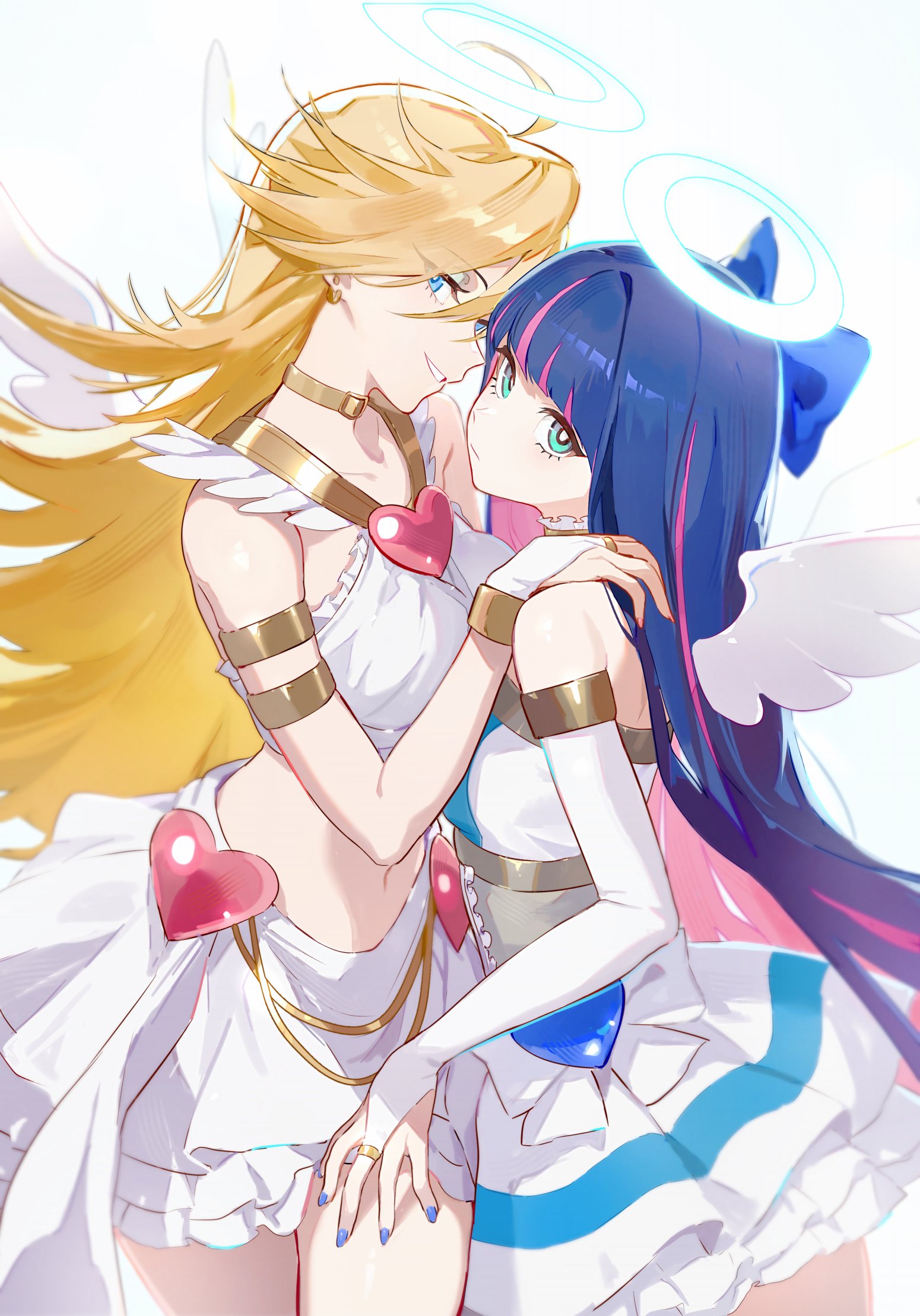 muyuax, panty (psg), stocking (psg), panty & stocking with garterbelt, commentary, hashtag-only commentary, highres, symbol-only commentary, 2girls, angel wings, armlet, bare shoulders, blonde hair, blue bow, blue eyes, blue hair, blunt bangs, bow, bridal gauntlets, choker, colored inner hair, corset, cowboy shot, detached sleeves, frilled choker, frilled skirt, frills, hair bow, halo, hand on another's shoulder, heart, jewelry, long hair, looking at viewer, midriff, multicolored hair, multiple girls, nail polish, navel, pink hair, siblings, sisters, skirt, smile, traditional halo, two-tone hair, white skirt, wings
