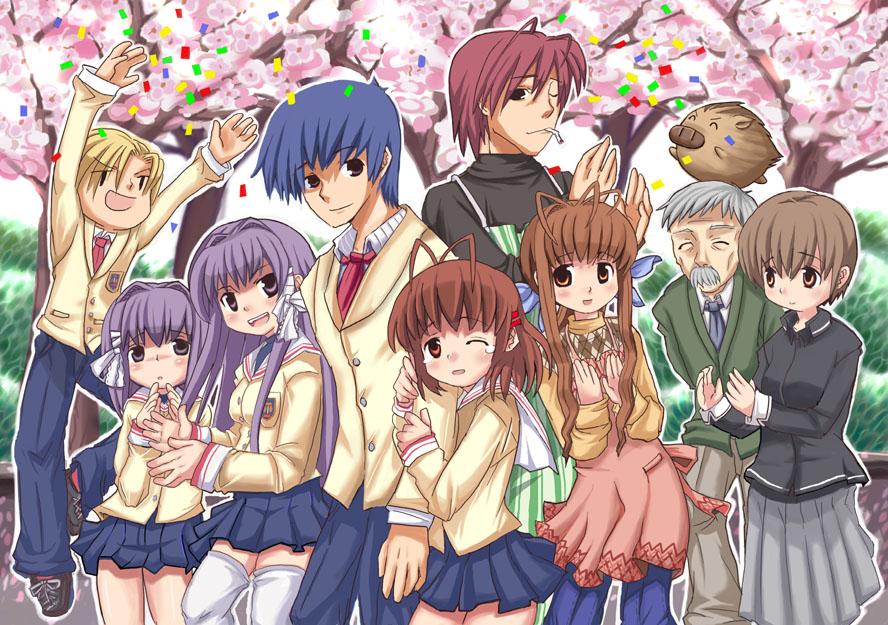 sanae (satansanae), sasago kaze, botan (clannad), fujibayashi kyou, fujibayashi ryou, furukawa akio, furukawa nagisa, furukawa sanae, ibuki kouko, koumura toshio, okazaki tomoya, sunohara youhei, clannad, 00s, 4boys, 5girls, antenna hair, apron, blazer, blonde hair, blue hair, boar, brown eyes, brown hair, cherry blossoms, cigarette, confetti, grey hair, group picture, hair ribbon, jacket, jumping, multiple boys, multiple girls, necktie, pleated skirt, purple eyes, purple hair, ribbon, shoes, siblings, sisters, skirt, thighhighs, tree, twins