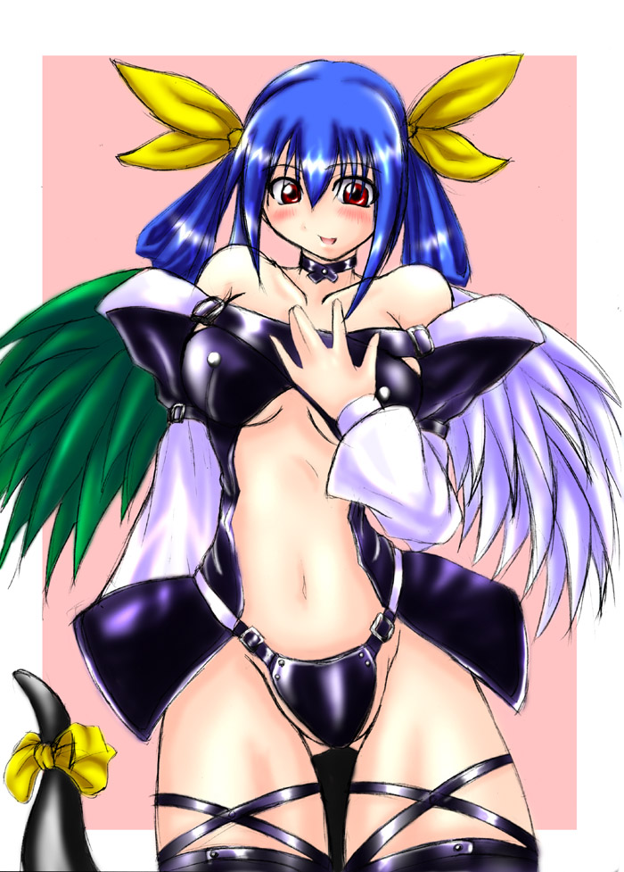 dizzy (guilty gear), arc system works, guilty gear, 1girl, asymmetrical wings, blue hair, female focus, red eyes, ribbon, solo, tail, tail ornament, tail ribbon, thighhighs, wings