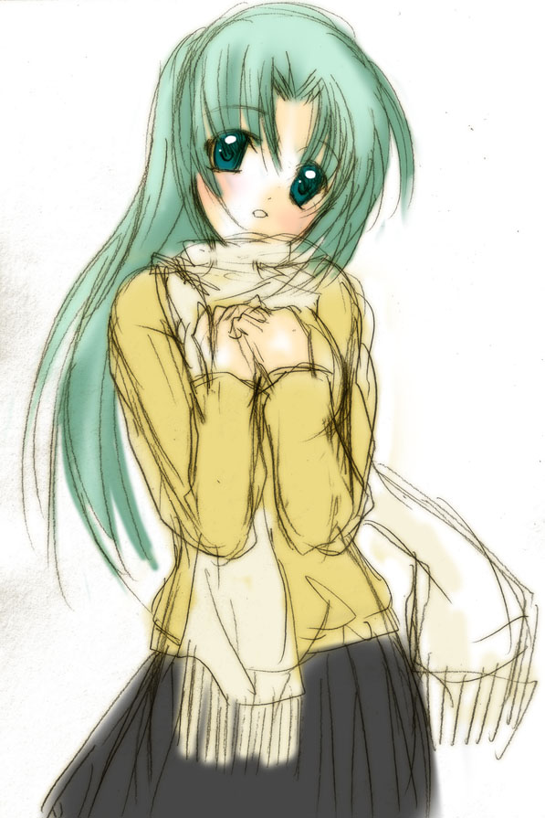 sakamoto yugi, sonozaki mion, sonozaki shion, higurashi no naku koro ni, 00s, 1girl, blue eyes, female focus, green hair, long hair, long sleeves, looking at viewer, scarf, simple background, sketch, skirt, solo, white background
