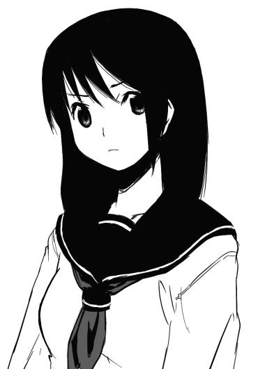 tamaru tokihiko, original, 1girl, :<, female focus, greyscale, long hair, looking at viewer, monochrome, school uniform, serafuku, simple background, solo, white background