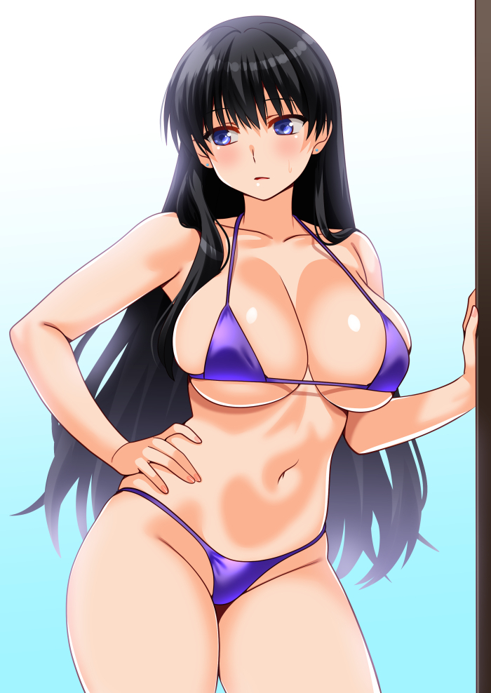 engo (aquawatery), arato nagi, ruri no houseki, commission, pixiv commission, 1girl, bikini, blue eyes, breasts, hand on own hip, large breasts, long hair, looking to the side, micro bikini, navel, purple bikini, solo, swimsuit
