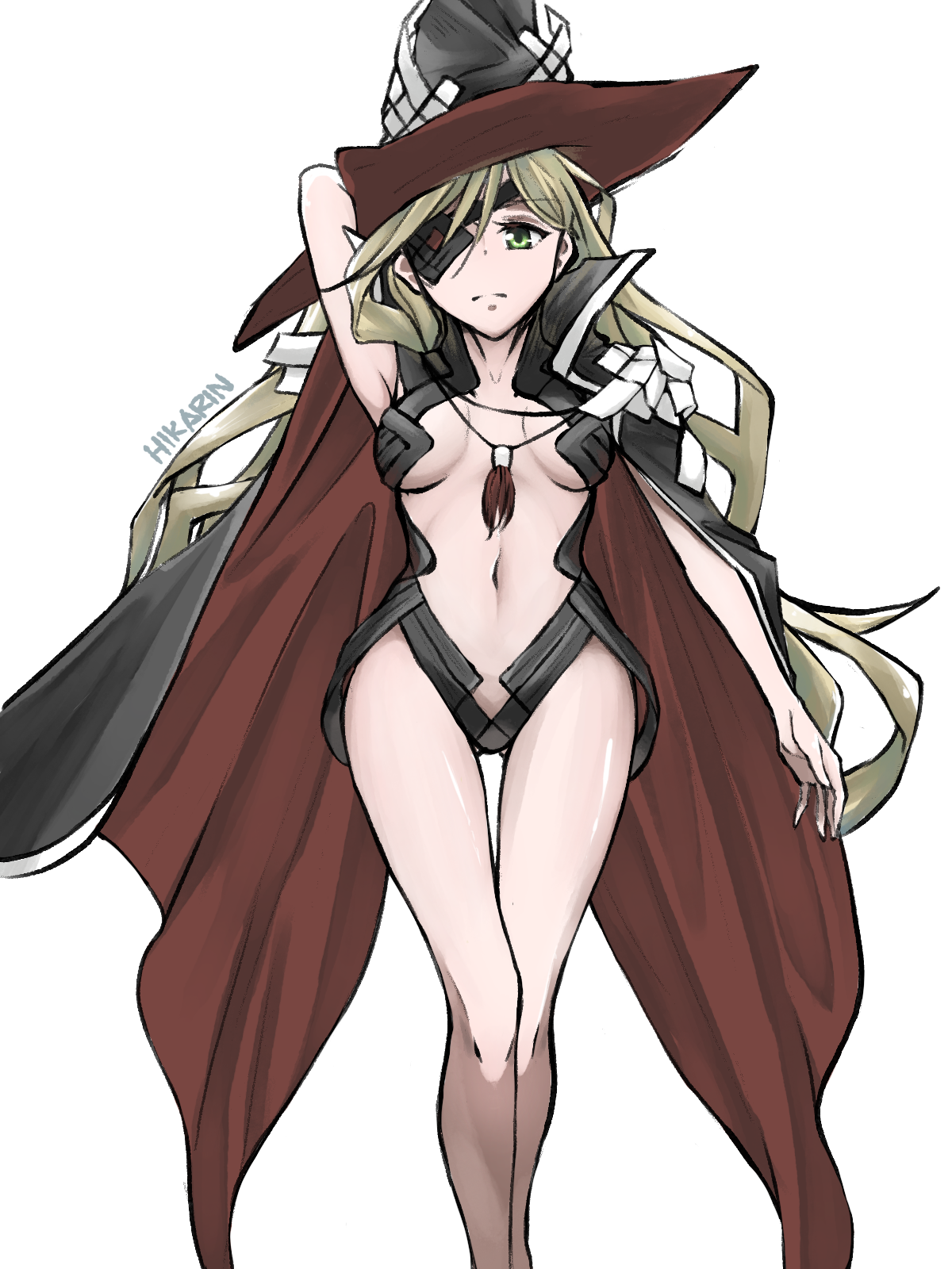 othinus, toaru majutsu no index, toaru majutsu no index: new testament, commentary, highres, 1girl, arm behind head, artist name, black cape, blonde hair, breasts, cape, closed mouth, collared cape, eyepatch, green eyes, hat, high collar, hikarin, long hair, looking at viewer, medium breasts, navel, red cape, revealing clothes, simple background, solo, thigh gap, two-sided cape, two-sided fabric, very long hair, witch hat