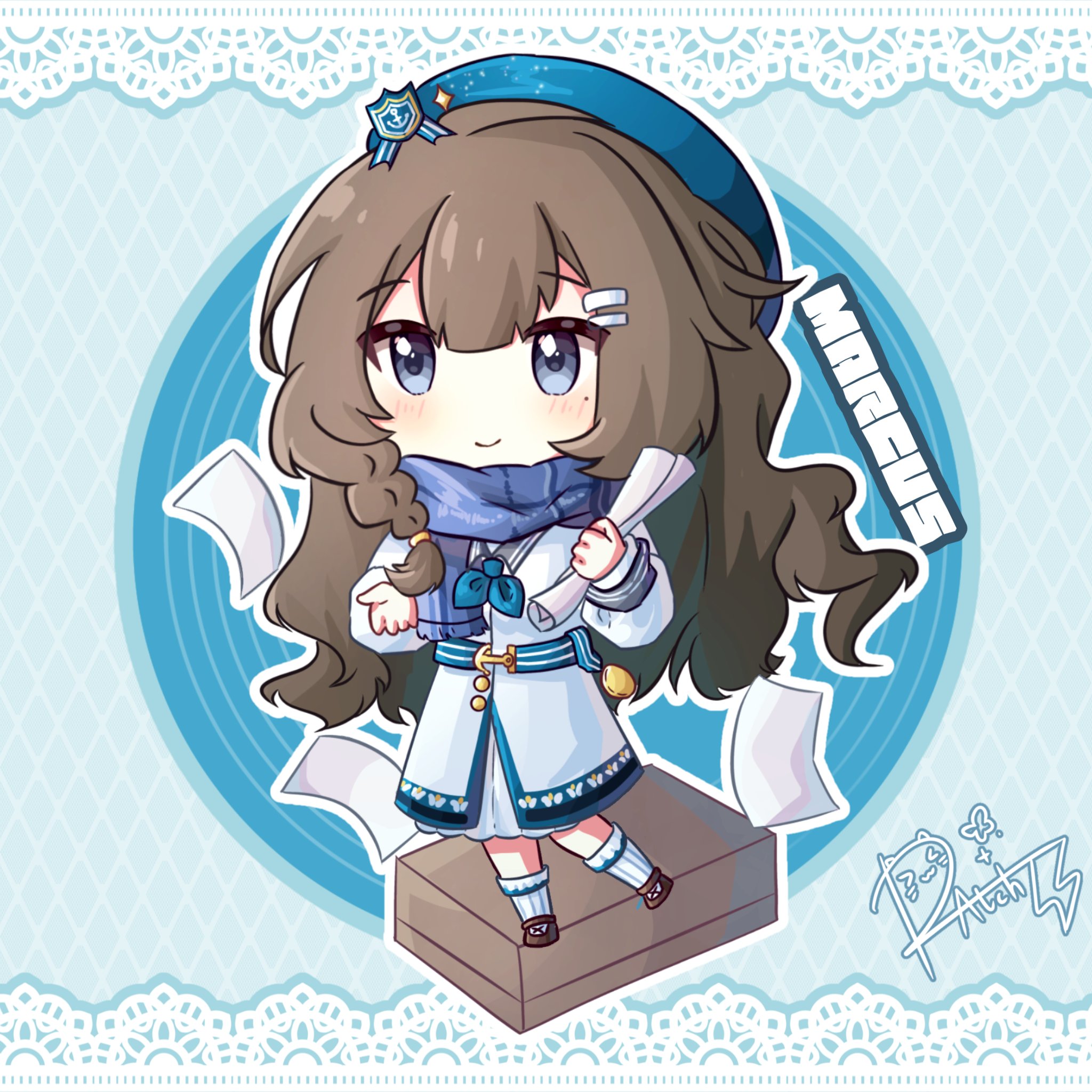 marcus (reverse:1999), reverse:1999, highres, 1girl, beret, blue background, blue eyes, blue hat, blue scarf, brown shoes, character name, chibi, dress, flying paper, full body, hat, holding, holding paper, kikuka, long dress, mole, mole under eye, paper, paper roll, scarf, shoes, smile, socks, solo, white dress, white socks