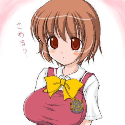 miyata gakuman, osaragi hazumu, kashimashi, lowres, translation request, 00s, 1girl, ?, blush, bow, breasts, brown hair, emblem, female focus, genderswap, genderswap (mtf), huge breasts, looking at viewer, red eyes, school uniform, serafuku, short hair, solo, upper body