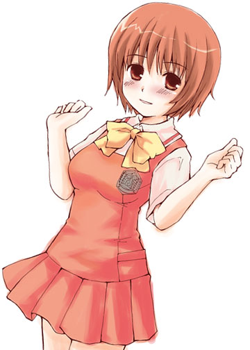 ishizaki uni, osaragi hazumu, kashimashi, 00s, 1girl, :d, blush, bow, brown eyes, brown hair, clenched hands, dress, dutch angle, female focus, forearms at chest, genderswap, genderswap (mtf), looking at viewer, open mouth, orange eyes, orange hair, pleated skirt, school uniform, serafuku, short dress, short hair, simple background, skirt, smile, solo, standing, white background