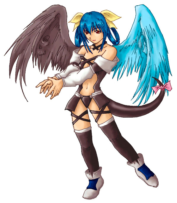 dizzy (guilty gear), necro (guilty gear), undine (guilty gear), arc system works, guilty gear, 1girl, asymmetrical wings, bad anatomy, blue hair, poorly drawn, red eyes, ribbon, tail, tail ornament, tail ribbon, thighhighs, wings
