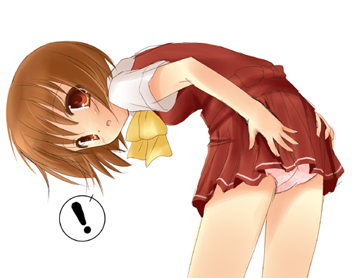 yukizuki chikuba, osaragi hazumu, kashimashi, lowres, !, 00s, 1girl, ass, bent over, blush, bow, bowtie, brown eyes, brown hair, dress shirt, embarrassed, female focus, genderswap, genderswap (mtf), grabbing own ass, miniskirt, panties, pantyshot, pink panties, pleated skirt, school uniform, serafuku, shirt, short hair, simple background, skirt, solo, sweater vest, underwear, upskirt, vest, white background