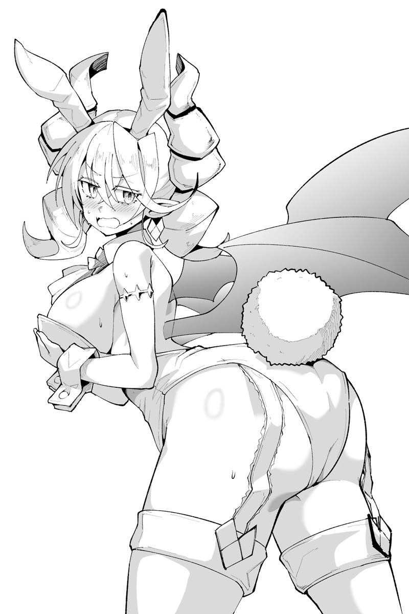 edobox, lovely labrynth of the silver castle, yu-gi-oh!, highres, 1girl, alternate costume, animal ears, bow, bowtie, breasts, demon girl, demon horns, demon wings, detached collar, duel monster, fake animal ears, grabbing own breast, horns, large breasts, leotard, long hair, playboy bunny, pointy ears, rabbit ears, rabbit tail, solo, strapless, strapless leotard, tail, thighhighs, traditional bowtie, twintails, wings, wrist cuffs
