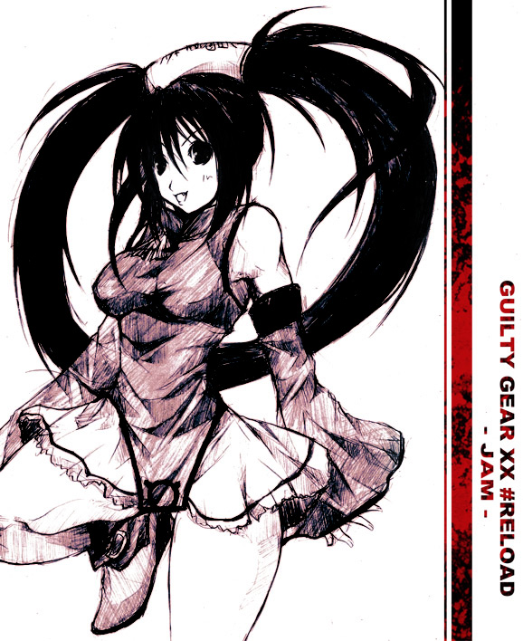 kuradoberi jam, arc system works, guilty gear, 1girl, :d, bare legs, bare shoulders, blush, detached sleeves, dress, female focus, hair rings, hat, leg up, long sleeves, looking at viewer, open mouth, sketch, sleeves past wrists, smile, solo, standing, standing on one leg, twintails