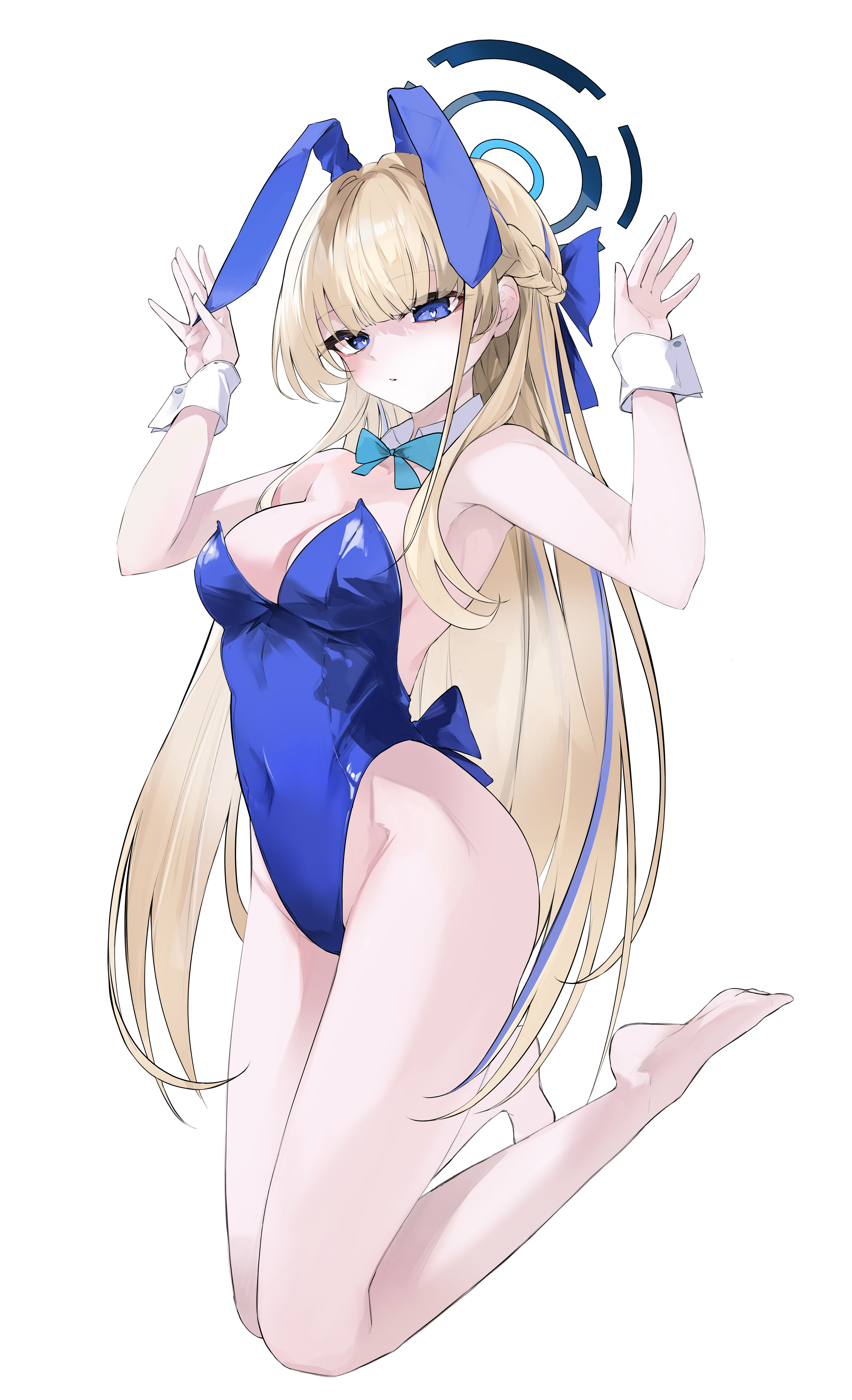 kooemong, toki (blue archive), toki (bunny) (blue archive), blue archive, absurdres, highres, 1girl, animal ears, armpits, bare legs, bare shoulders, barefoot, blue leotard, bow, bowtie, braid, breasts, cleavage, covered navel, detached collar, fake animal ears, hair bow, halo, hands up, highleg, highleg leotard, leotard, medium breasts, multicolored hair, rabbit ears, simple background, solo, strapless, strapless leotard, streaked hair, thighs, white background, wrist cuffs