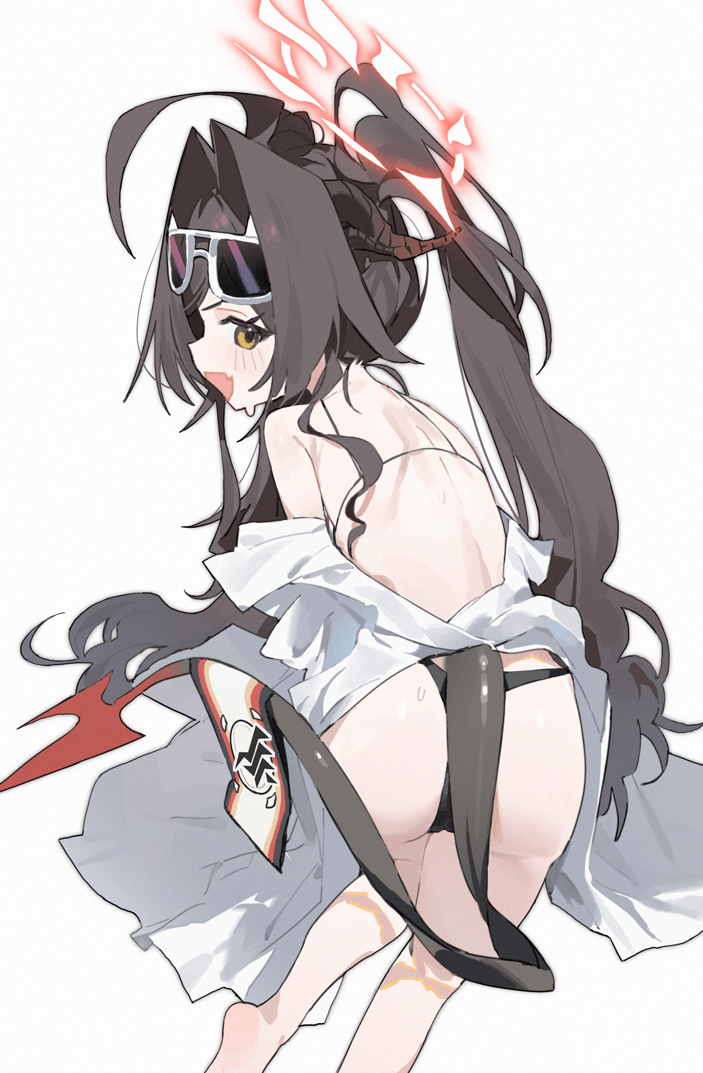 measho, kasumi (blue archive), kasumi (swimsuit) (blue archive), blue archive, commentary, highres, 1girl, ahoge, ass, bikini, black bikini, black hair, brown eyes, eyewear on head, from behind, grey background, halo, looking at viewer, looking back, official alternate costume, open mouth, ponytail, simple background, sunglasses, swimsuit, tail, white halo