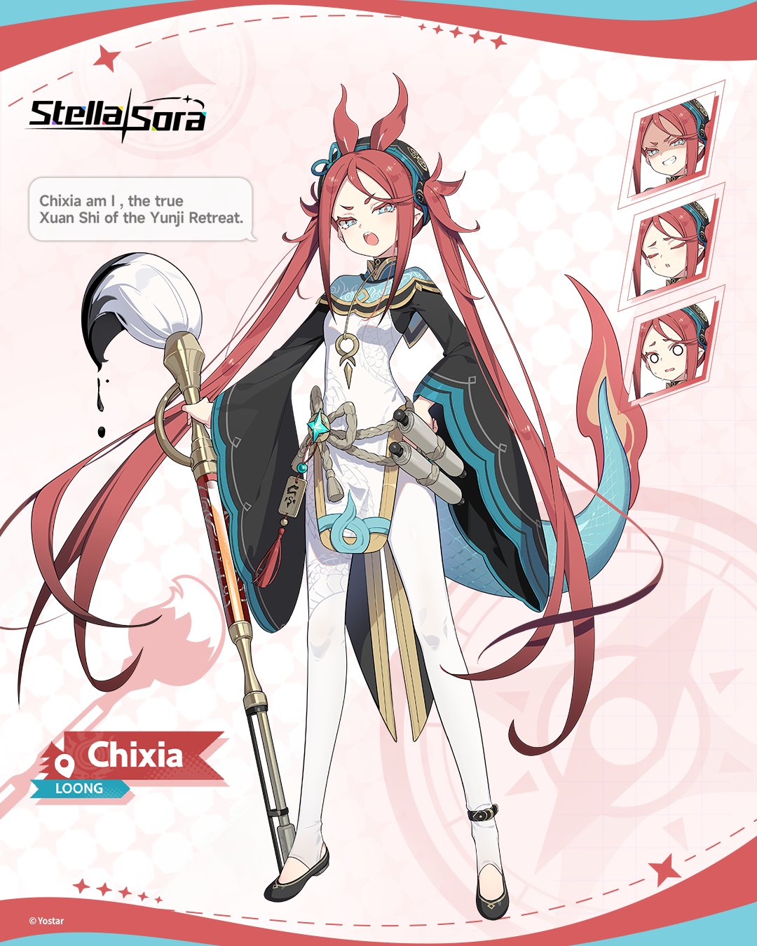 stella sora, commentary, english commentary, highres, official art, 1girl, black shoes, blue eyes, breasts, calligraphy brush, character name, chixia (stella sora), closed eyes, copyright name, copyright notice, dress, english text, evil grin, evil smile, full body, grin, hand on own hip, holding, holding calligraphy brush, holding paintbrush, legs apart, long hair, long sidelocks, long sleeves, multiple expressions, paintbrush, pantyhose, raised inner eyebrows, red hair, shaded face, shoes, short eyebrows, sidelocks, small breasts, smile, speech bubble, standing, toeless legwear, twintails, very long hair, white dress, white pantyhose