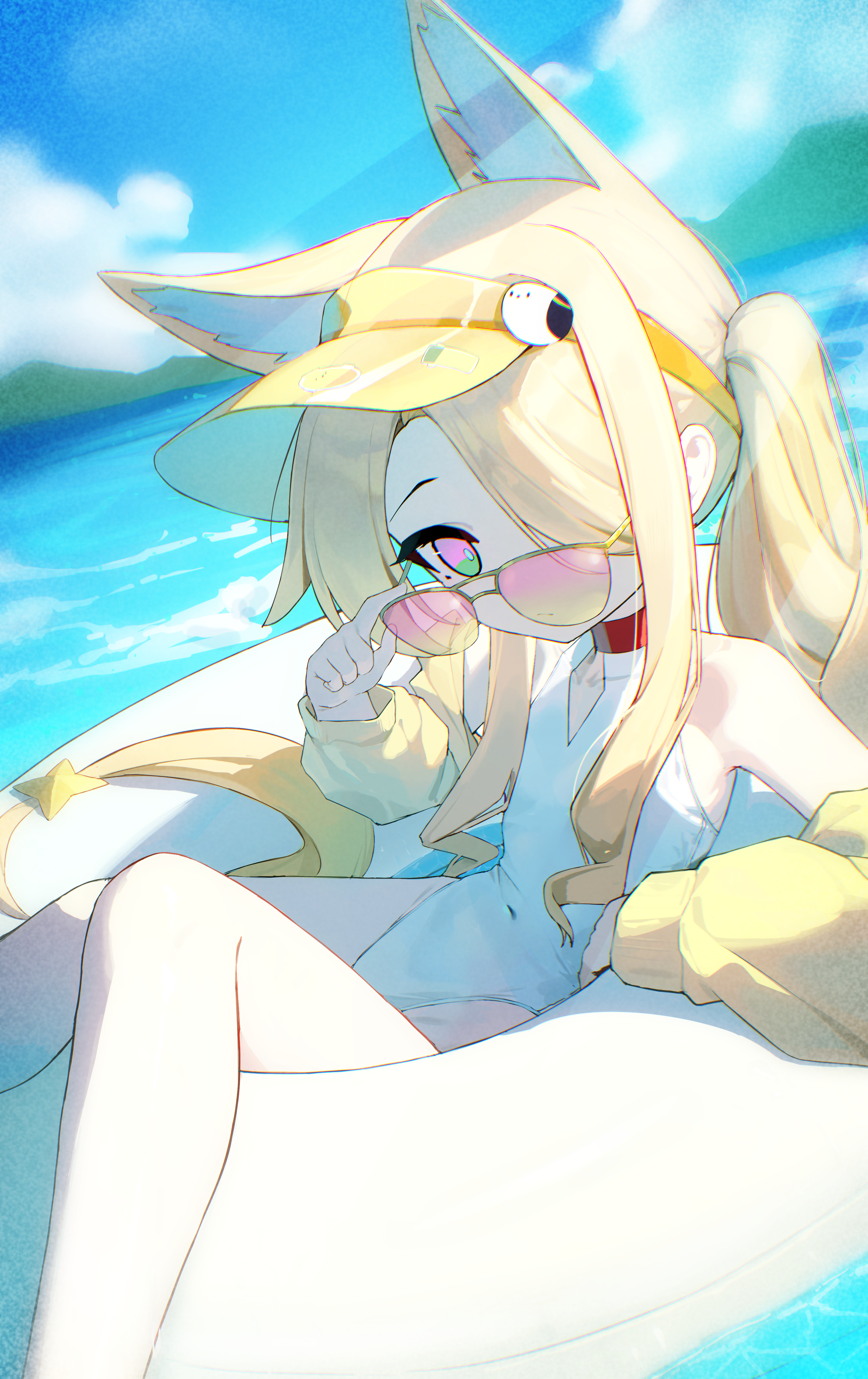 liwen520, seia (blue archive), blue archive, absurdres, highres, 1girl, afloat, animal ear fluff, animal ears, blonde hair, blurry, blurry background, blush, breasts, covered navel, cross halo, diamond cutout, forehead, fox ears, fox girl, halo, innertube, long hair, looking at viewer, one-piece swimsuit, outdoors, small breasts, solo, swim ring, swimsuit, tinted eyewear, visor cap, white one-piece swimsuit, yellow eyes, yellow halo, yellow visor