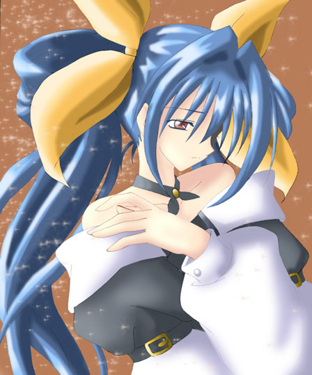 dizzy (guilty gear), arc system works, guilty gear, 1girl, bad anatomy, bare shoulders, belt, blue hair, brown background, choker, collarbone, detached sleeves, female focus, frown, hair ribbon, long hair, poorly drawn, red eyes, ribbon, simple background, solo, upper body, very long hair