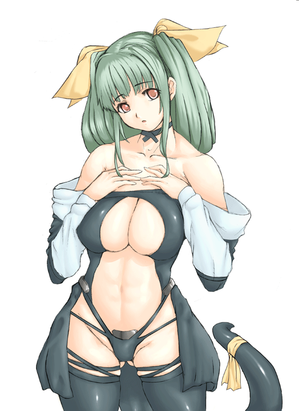 star (starpage), dizzy (guilty gear), arc system works, guilty gear, source request, 1girl, :o, black panties, black thighhighs, breasts, brown eyes, choker, cleavage, detached sleeves, dress, female focus, green hair, hair ribbon, large breasts, open clothes, open dress, panties, revealing clothes, ribbon, simple background, solo, standing, tail, tail ornament, tail ribbon, thighhighs, thong, twintails, underwear, white background