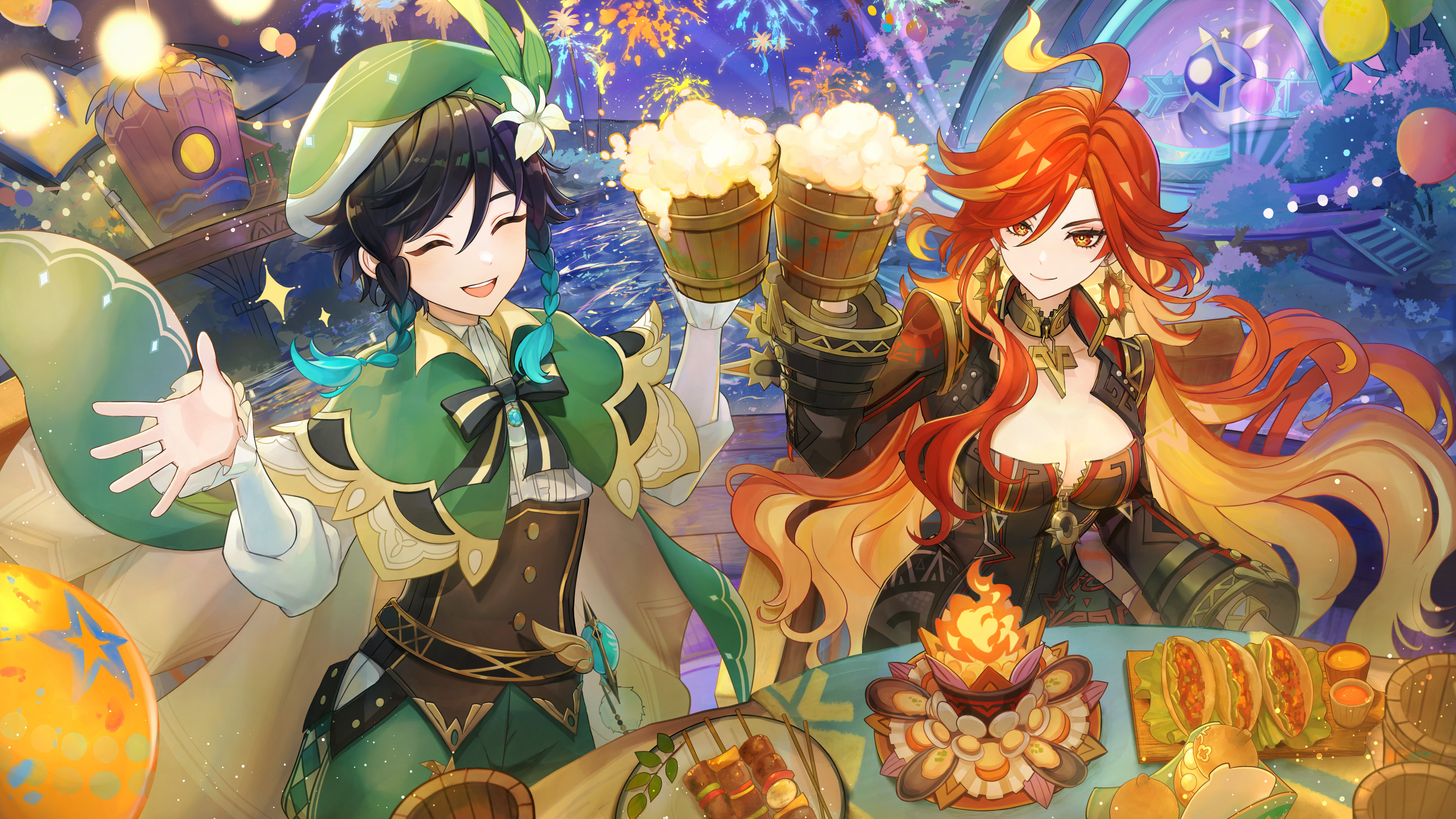 tgf pic, mavuika (genshin impact), venti (genshin impact), genshin impact, absurdres, highres, official art, second-party source, 1boy, 1girl, aqua hair, balloon, beer mug, beret, biker clothes, bikesuit, black bodysuit, black hair, bodysuit, braid, breasts, cape, cleavage, closed eyes, closed mouth, cup, earrings, fireworks, flower, food, gold trim, gradient hair, green cape, green hat, green shorts, hair between eyes, hair flower, hair ornament, hat, hat flower, holding, holding cup, jewelry, long hair, long sleeves, looking at viewer, meat, medium breasts, mug, multicolored hair, night, night sky, open mouth, orange eyes, orange hair, red hair, shirt, shorts, sky, smile, twin braids, two-tone hair, very long hair, white shirt