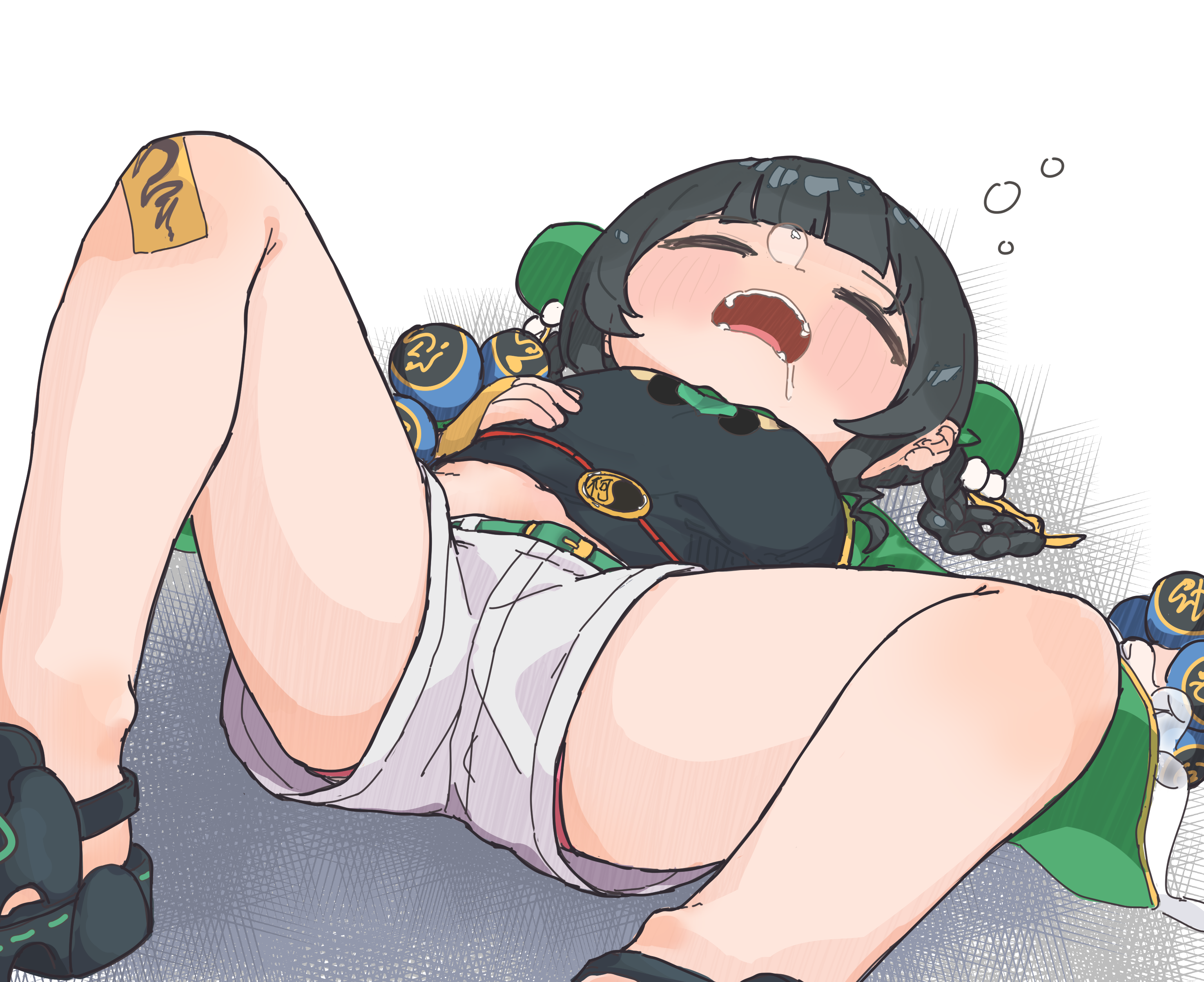 baigao, xinyue tongxing, absurdres, highres, 1girl, black hair, black shirt, black shorts, braid, braided hair rings, closed eyes, drooling, feet out of frame, hair ornament, hair rings, ke (xinyue tongxing), knee up, lying, medium hair, nose bubble, ofuda on leg, on back, open mouth, panties, panty peek, pom pom (clothes), pom pom hair ornament, saliva, shirt, shorts, sleeping, solo, spread legs, teeth, underwear, white shorts