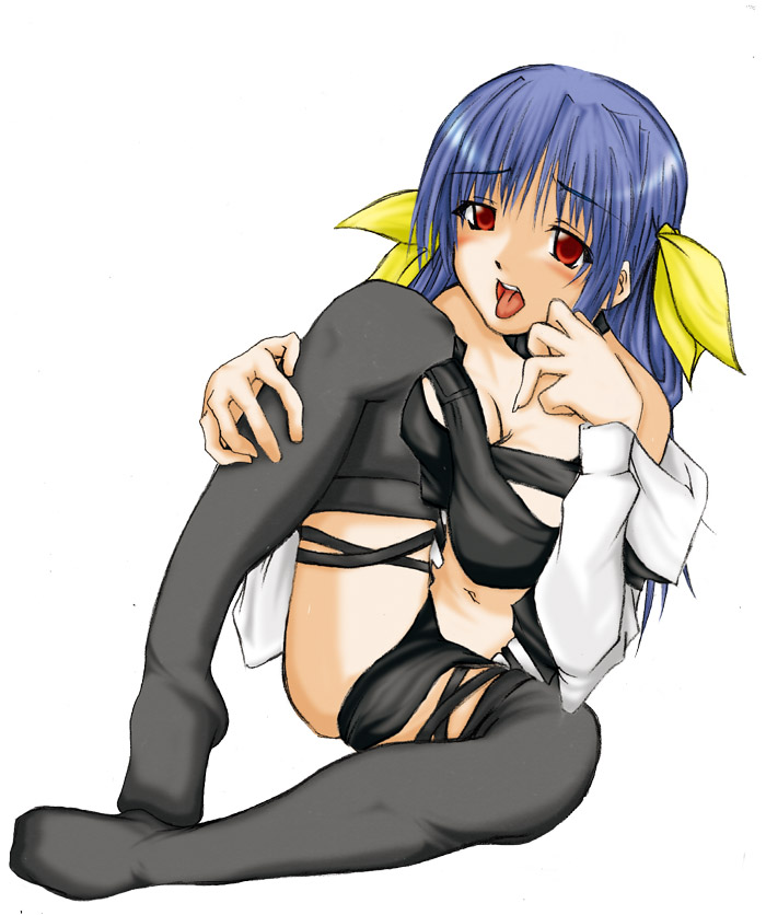 serizawa mitsuki, dizzy (guilty gear), arc system works, guilty gear, 1girl, bad anatomy, blue hair, breasts, female focus, hair ribbon, large breasts, long hair, navel, open mouth, red eyes, ribbon, sitting, solo, thighhighs, tongue