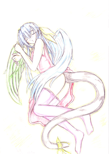 dizzy (guilty gear), arc system works, guilty gear, 1girl, asymmetrical wings, blue hair, closed eyes, female focus, monochrome, ribbon, sketch, solo, tail, tail ornament, tail ribbon, thighhighs, wings