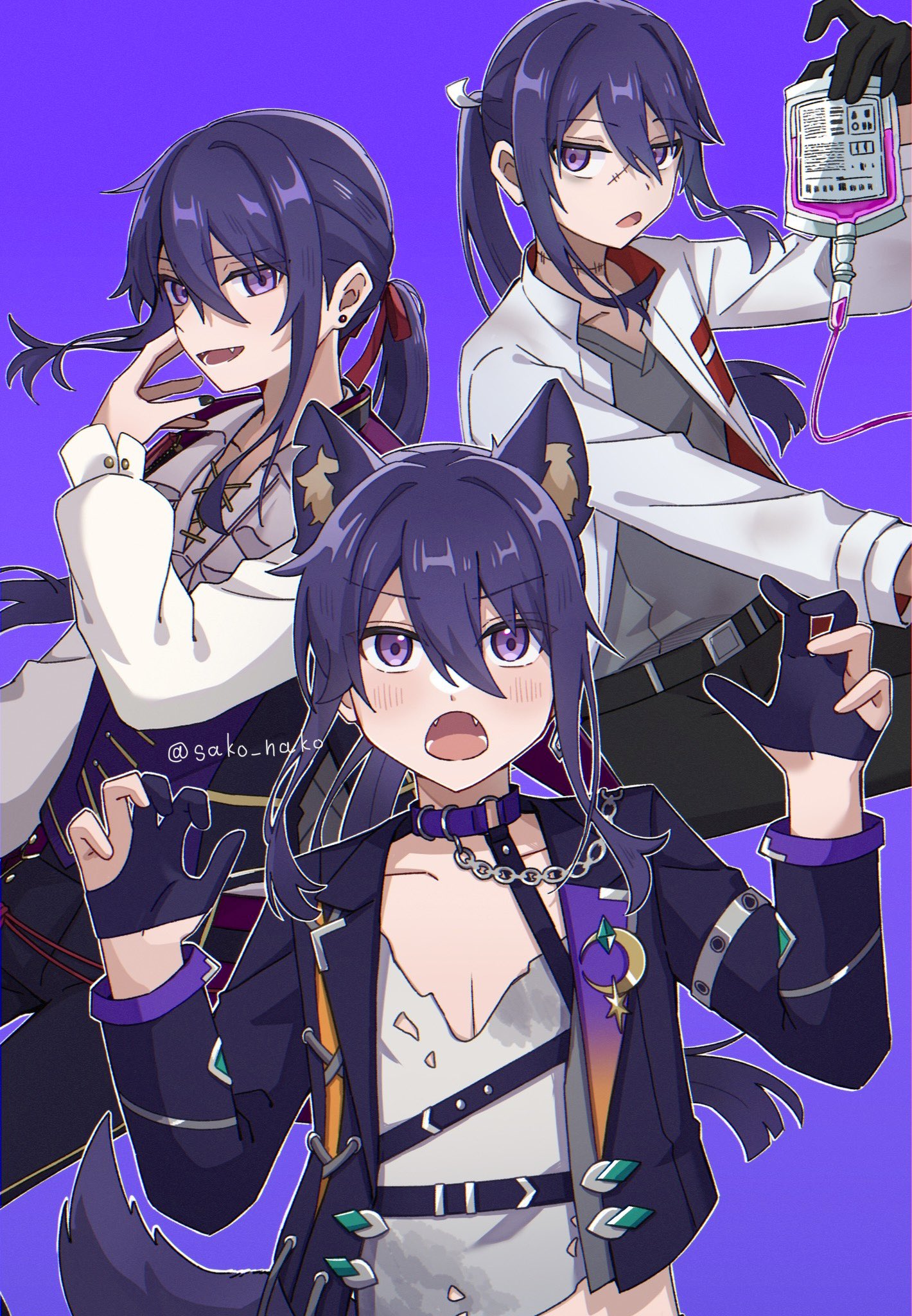 frankenstein's monster, kanzaki souma, ensemble stars!, highres, animal ear fluff, animal ears, bags under eyes, belt, belt collar, bishounen, black belt, black gloves, black nails, black pants, blunt ends, blush, chain, chain leash, chest harness, choker, claw pose, collar, collarbone, cosplay, cowboy shot, crescent, crop top, cross-laced clothes, cross-laced top, dirty, dirty clothes, doctor, double-parted bangs, e7fe97lnor97074, earrings, fangs, floating hair, frankenstein's monster (cosplay), gem, gloves, green gemstone, grey shirt, hair between eyes, hair intakes, hair ribbon, half gloves, halloween costume, hand on own face, harness, intravenous drip, jacket, jacket on shoulders, jewelry, jitome, lab coat, leash, long hair, long sleeves, looking at viewer, lower teeth only, male focus, motoyui, multiple views, nail polish, official alternate costume, open mouth, outline, pants, partially shaded face, pectoral cleavage, pectorals, poet shirt, ponytail, puffy long sleeves, puffy sleeves, purple choker, purple eyes, purple hair, purple jacket, purple vest, red ribbon, ribbon, shirt, shoulder tilt, sidelocks, silver earrings, single earring, smile, stitched face, stitched neck, stitches, stud earrings, tail, teeth, torn clothes, torn shirt, twitter username, v-shaped eyebrows, vampire costume, vest, werewolf costume, white outline, wolf ears, wolf tail