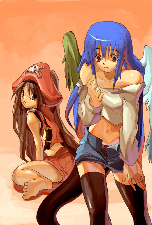 shihira tatsuya, dizzy (guilty gear), may (guilty gear), arc system works, guilty gear, guilty gear x, guilty gear xx, 2girls, asymmetrical wings, blue hair, casual, feet, hat, long sleeves, multiple girls, orange hat, pantyhose, pirate, red eyes, tail, thighhighs, wings