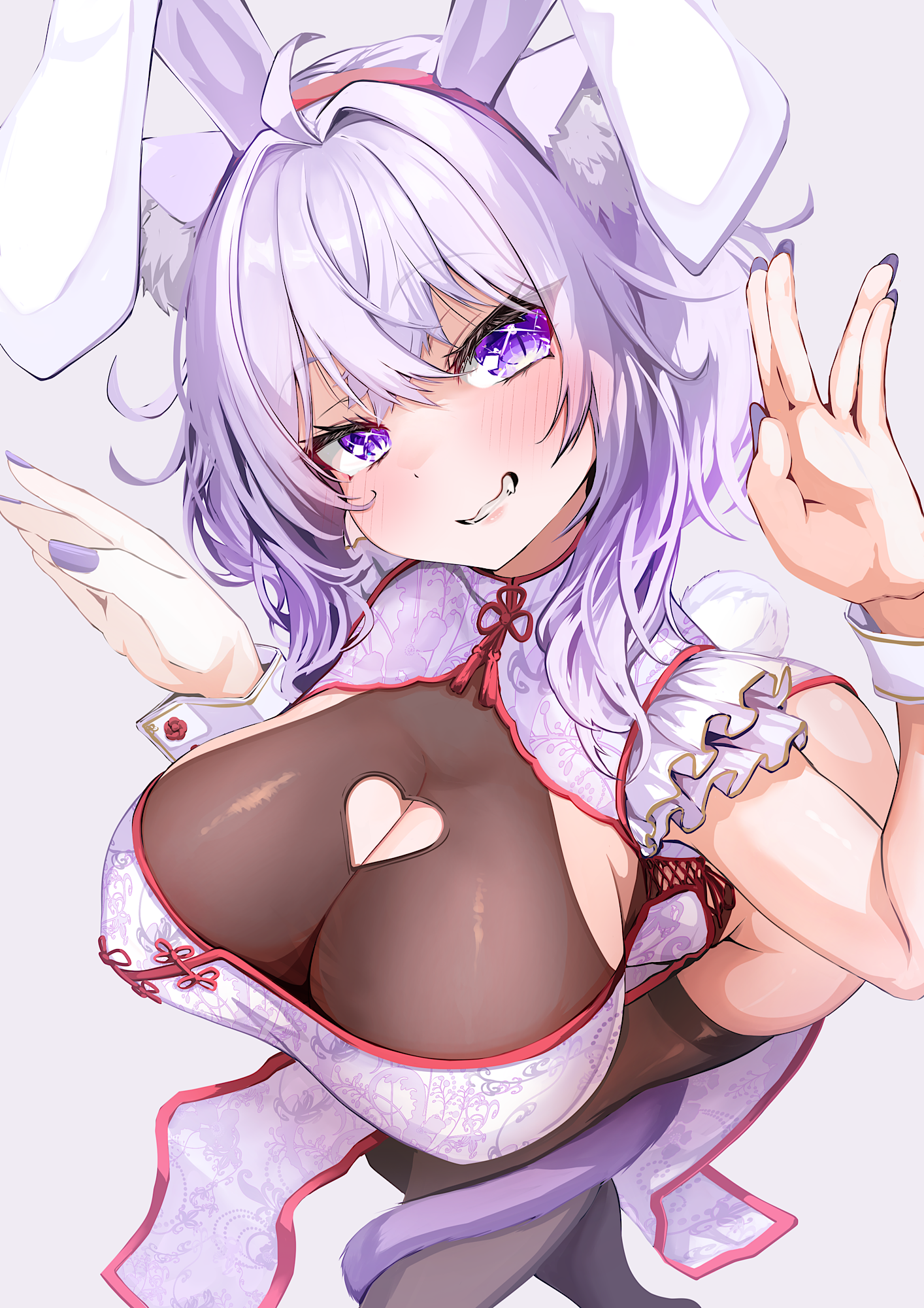 kajimakoto, nekomata okayu, hololive, highres, 1girl, animal ears, black thighhighs, breasts, china dress, chinese clothes, cleavage, cleavage cutout, clothing cutout, dress, fake animal ears, floral print, grey background, large breasts, medium hair, purple eyes, purple hair, rabbit ears, rabbit tail, short sleeves, side slit, simple background, tail, thighhighs, virtual youtuber, wrist cuffs