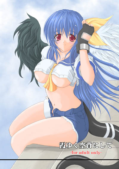 amami fuu, dizzy (guilty gear), arc system works, guilty gear, guilty gear xx, 1girl, asymmetrical wings, black gloves, blue hair, blue sailor collar, blush, breasts, cover, crop top, cutoffs, denim, denim shorts, female focus, fingerless gloves, gloves, large breasts, long hair, midriff, no bra, pirate, red eyes, ribbon, sailor collar, shorts, sitting, smile, solo, tail, tail ornament, tail ribbon, underboob, wings