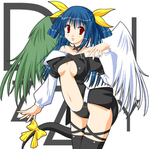 dizzy (guilty gear), arc system works, guilty gear, lowres, 1girl, asymmetrical wings, blue hair, female focus, red eyes, ribbon, solo, tail, tail ornament, tail ribbon, thighhighs, wings
