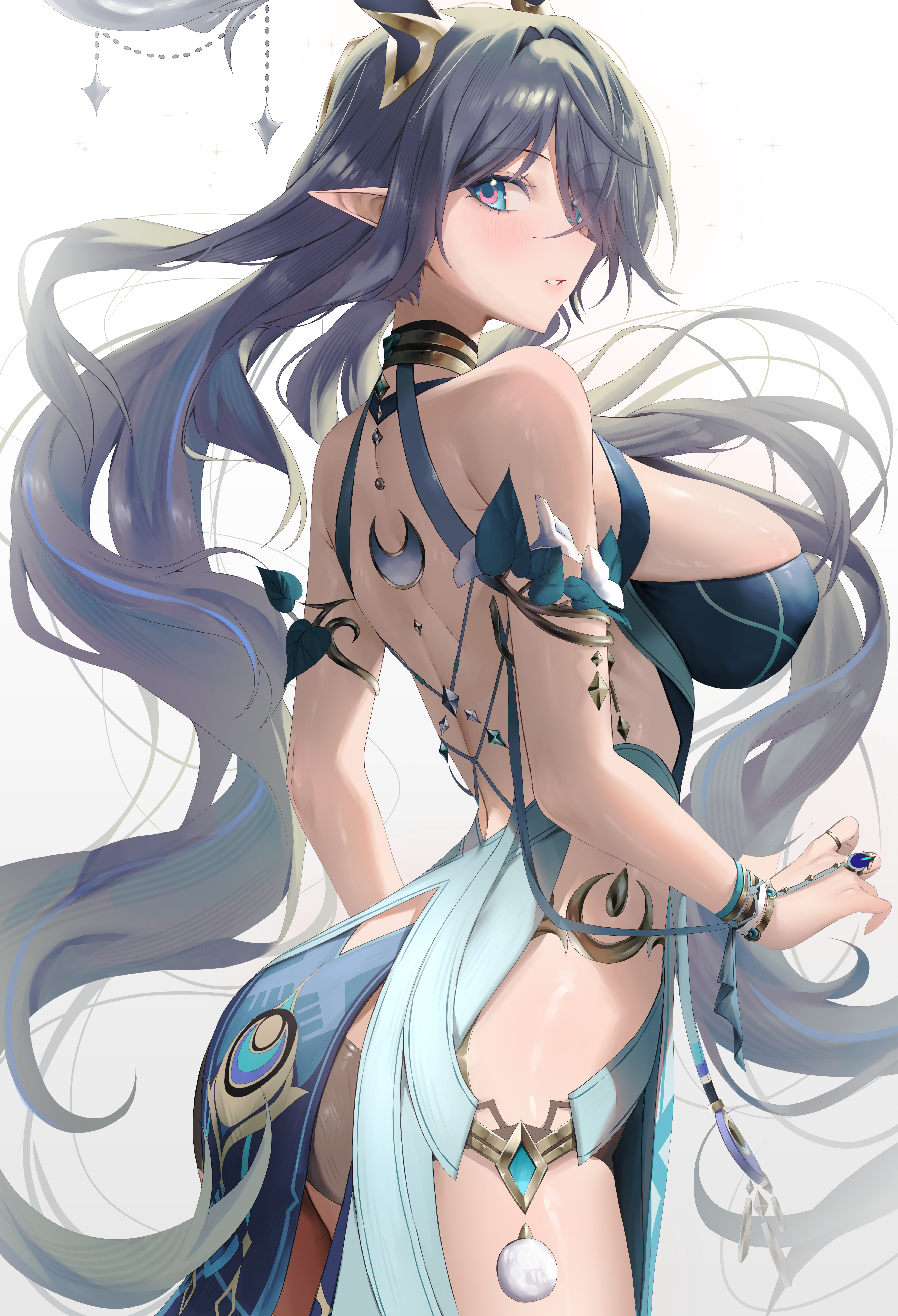 vitaminechan, lauma (genshin impact), genshin impact, absurdres, commentary, english commentary, highres, 1girl, antlers, backless dress, backless outfit, bare shoulders, blue dress, blue eyes, blue hair, blush, breasts, cowboy shot, deer antlers, deer girl, dress, eyes visible through hair, from side, hair intakes, hair over one eye, horns, large breasts, long hair, looking at viewer, looking to the side, median furrow, parted lips, pink pupils, pointy ears, shoulder blades, sidelocks, simple background, solo, thighs, very long hair, white background