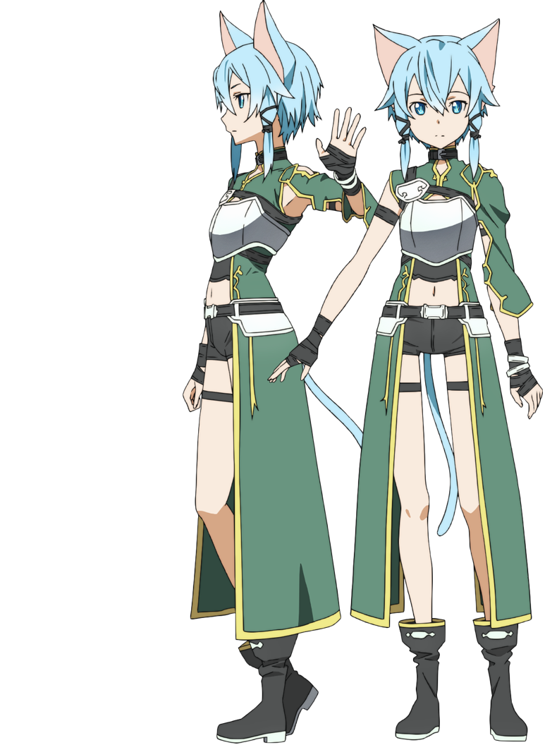adachi shingo, sinon, sinon (sao-alo), sword art online, official art, 2girls, animal ears, anime coloring, armor, belt, belt collar, black belt, black boots, black gloves, blue eyes, blue hair, boots, breastplate, breasts, cat ears, cat girl, cat tail, closed mouth, collar, crossed bangs, dress, fingerless gloves, from side, full body, gloves, green dress, hair between eyes, hair ribbon, hand up, looking at viewer, low-tied sidelocks, multiple girls, multiple views, navel, open hand, palms, profile, ribbon, short hair, short shorts, shorts, sidelocks, simple background, small breasts, spread fingers, standing, tail, thigh belt, thigh strap, thighs, transparent background