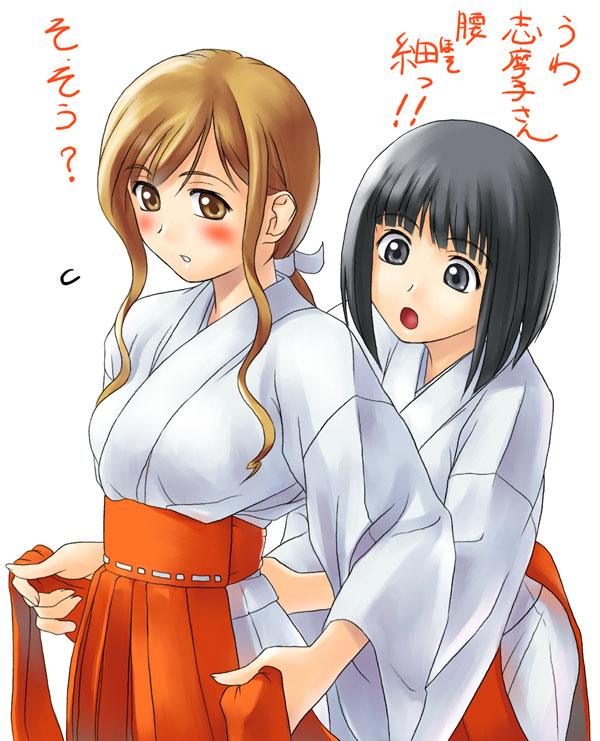 tanaka shoutarou, nijou noriko, toudou shimako, maria-sama ga miteru, translated, 00s, 2girls, black eyes, black hair, brown eyes, brown hair, hakama, hakama skirt, japanese clothes, miko, multiple girls, red hakama, short hair, skirt