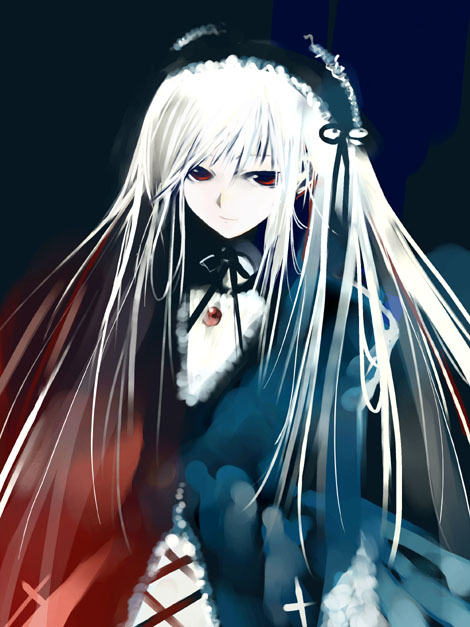 kei (keigarou), suigintou, rozen maiden, silver hair, 00s, black background, pale skin, red eyes, simple background, solo