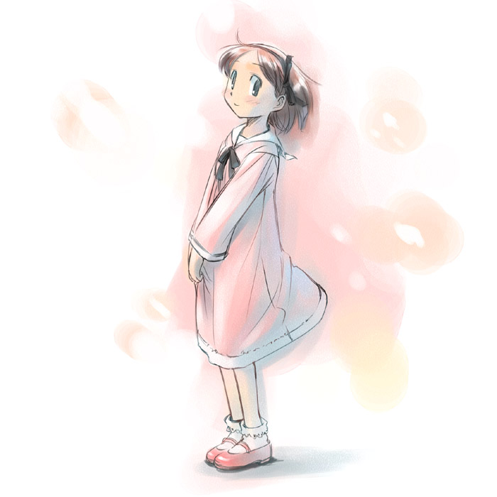 ikeda jun (mizutamari), original, 1girl, blush, child, dress, female focus, grey eyes, hairband, long sleeves, pink hair, short hair, smile, socks, solo