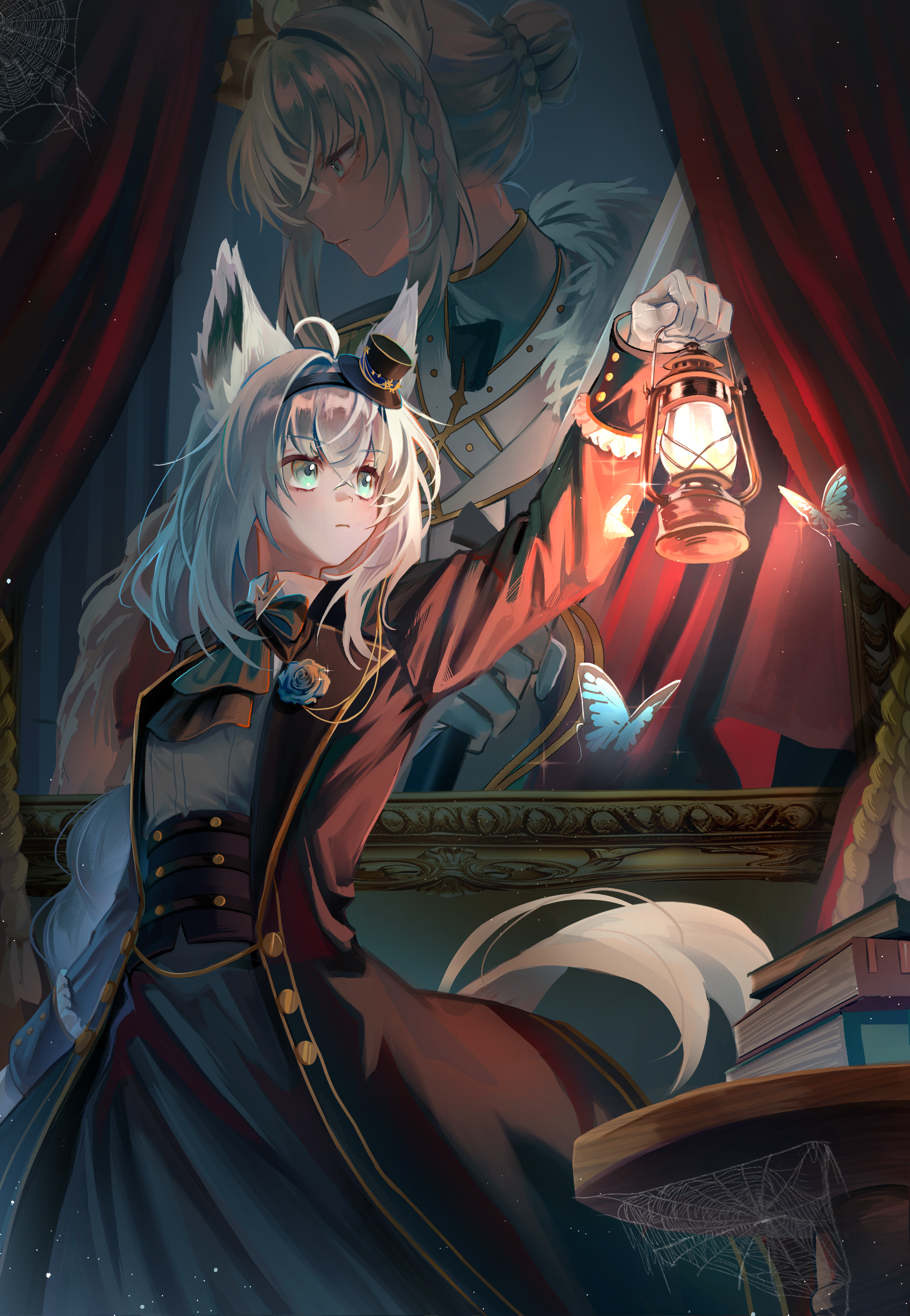 yuha6666, shirakami fubuki, shirakami fubuki (parade dress), hololive, absurdres, highres, 1girl, ahoge, animal ears, arm up, ascot, black hat, blue ascot, blue butterfly, blue jacket, book, book stack, braid, bug, butterfly, curtains, fox ears, fox girl, gloves, green eyes, grey skirt, hand up, hat, holding, holding lantern, insect, jacket, lantern, long hair, looking to the side, looking up, mini hat, mini top hat, picture frame, portrait (object), shirt, silk, single braid, skirt, solo, spider web, table, top hat, upper body, virtual youtuber, white gloves, white hair, white shirt