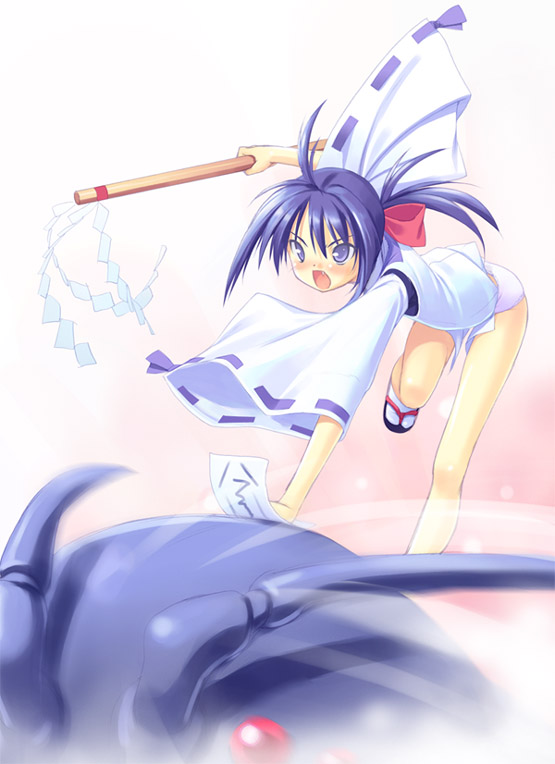 poco (asahi age), ichijou akari, bakumatsu rouman, snk, 1girl, ahoge, battle, beetle, bent over, bow, bug, fang, female focus, gohei, insect, japanese clothes, long sleeves, monster, ofuda, onmyouji, oonusa, open mouth, panties, ponytail, purple eyes, purple hair, sandals, shide, short hair, solo, tabi, underwear, white panties, zouri