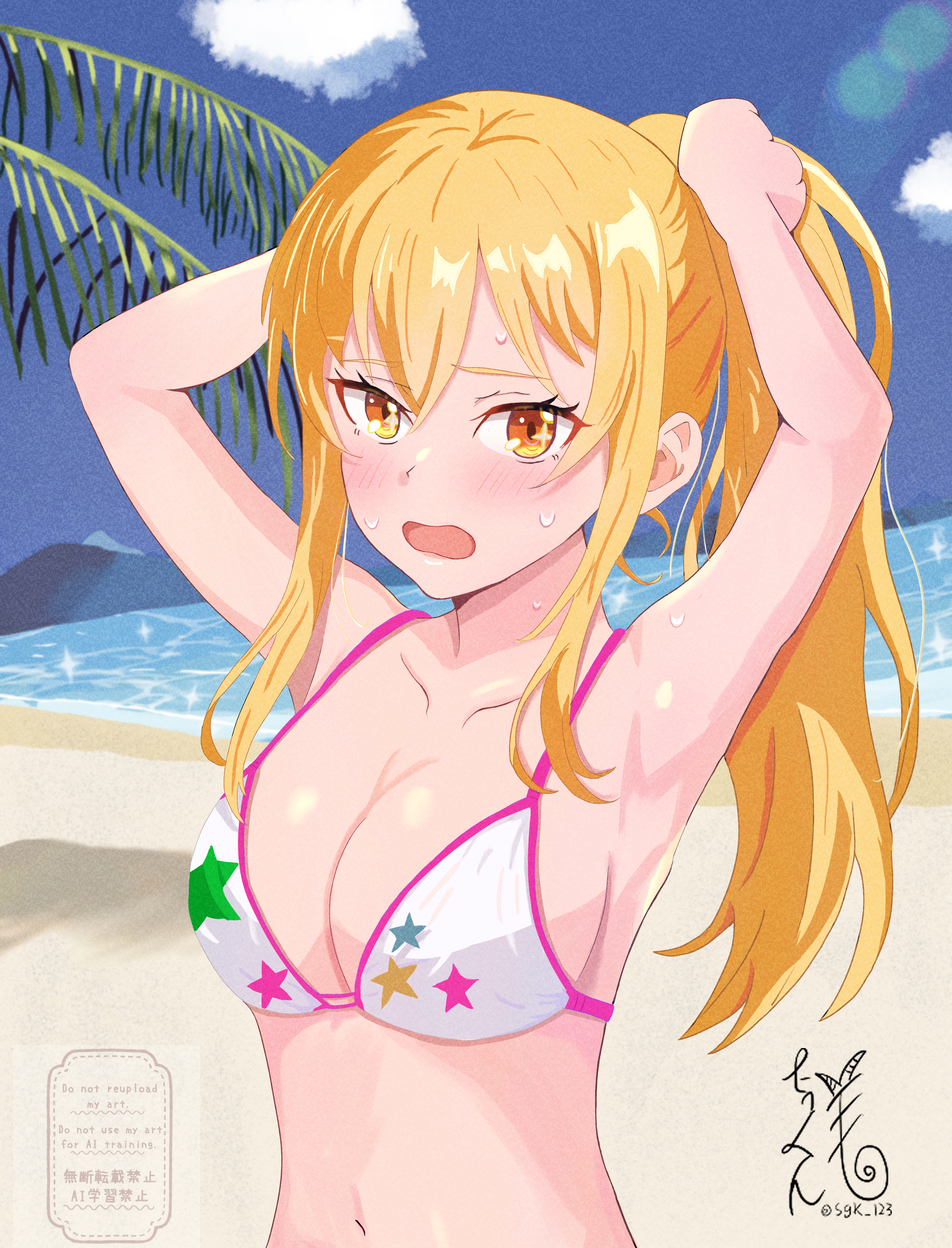 shokuhou misaki, shokuhou misaki (desired swimsuit), toaru kagaku no railgun, toaru majutsu no index, toaru majutsu no index: imaginary fest, absurdres, commentary request, highres, 1girl, armpits, arms behind head, beach, bikini, blonde hair, blue sky, blush, breasts, brown eyes, cleavage, day, hair between eyes, large breasts, long hair, looking at viewer, navel, official alternate costume, open mouth, outdoors, palm leaf, ponytail, print bikini, signature, sky, solo, sparkling eyes, star (symbol), star print, star print bikini, string bikini, swimsuit, takuya51, tying hair, upper body, white bikini