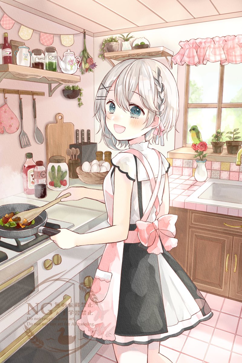tententuyu, original, commentary request, commission, highres, skeb commission, 1girl, :d, apron, back bow, basket, bird, black skirt, blue eyes, blush, bow, braid, cabinet, ceiling, collared shirt, cooking, counter, criss-cross back-straps, cucumber, curtains, cutting board, double-parted bangs, egg (food), egg yolk, feet out of frame, flower, food, frilled curtains, frilled shirt collar, frills, from side, frying pan, green bird, hair between eyes, hair ornament, hair ribbon, hairclip, holding, holding frying pan, holding ladle, indoors, jar, ketchup, ketchup bottle, kitchen, ladle, lettuce, looking to the side, meat, medium skirt, open mouth, pink apron, pink bow, pink ribbon, plant, potted plant, red flower, red rose, ribbon, rose, salt shaker, shirt, short hair, short sleeves, side braid, single braid, sink, skirt, smile, solo, spatula, standing, steam, stove, tile floor, tiles, tomato, turning head, vase, wall shelf, watermark, white hair, white shirt, white skirt, window, x hair ornament