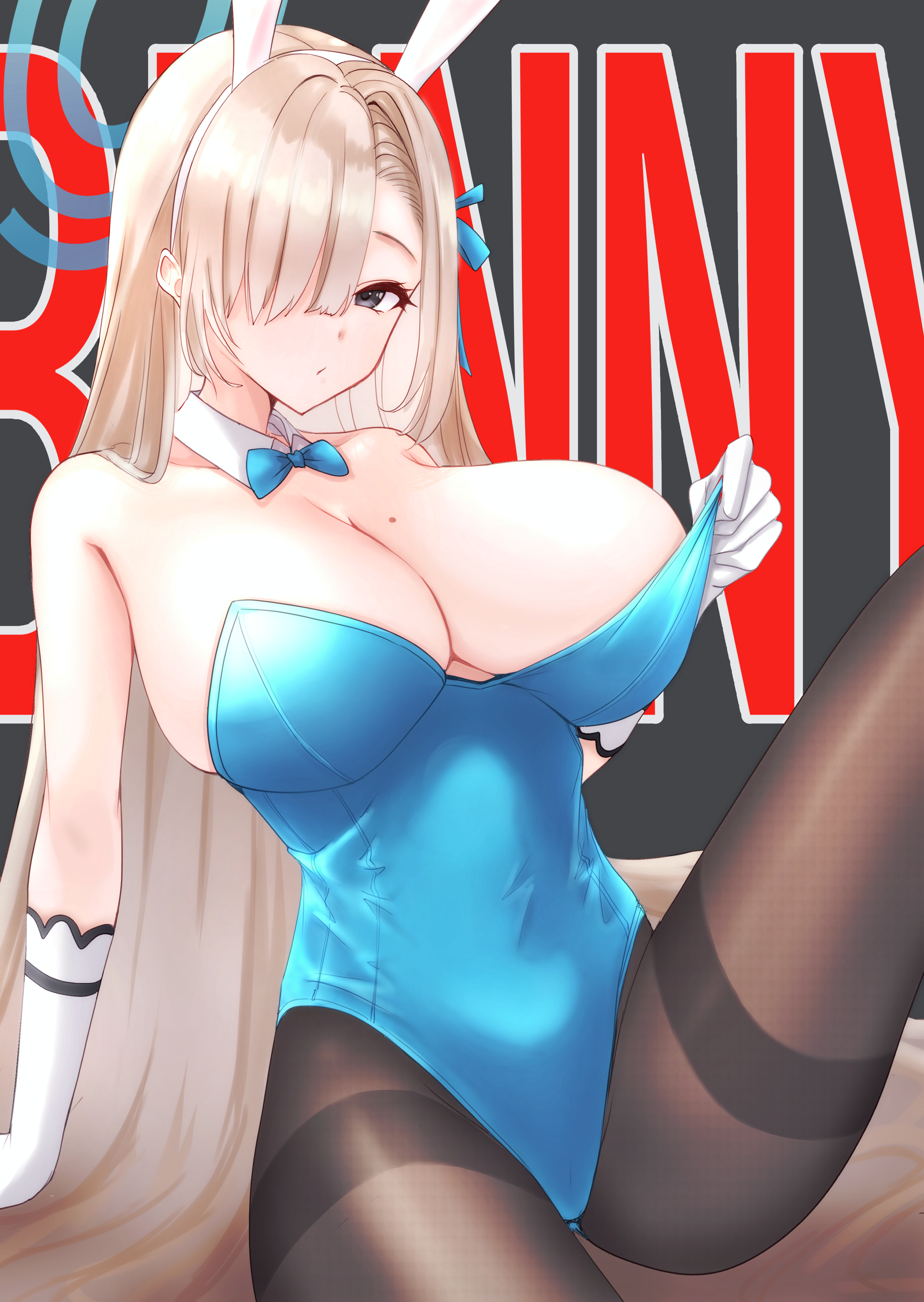 cotatubo, asuna (blue archive), asuna (bunny) (blue archive), blue archive, absurdres, highres, 1girl, animal ears, aqua leotard, bare shoulders, blonde hair, blue bow, blue bowtie, blue eyes, bow, bowtie, breasts, detached collar, fake animal ears, gloves, hair over one eye, halo, highleg, highleg leotard, large breasts, leotard, long hair, looking at viewer, mole, mole on breast, official alternate costume, pantyhose, playboy bunny, rabbit ears, sitting, strapless, strapless leotard, thighband pantyhose, traditional bowtie, white gloves