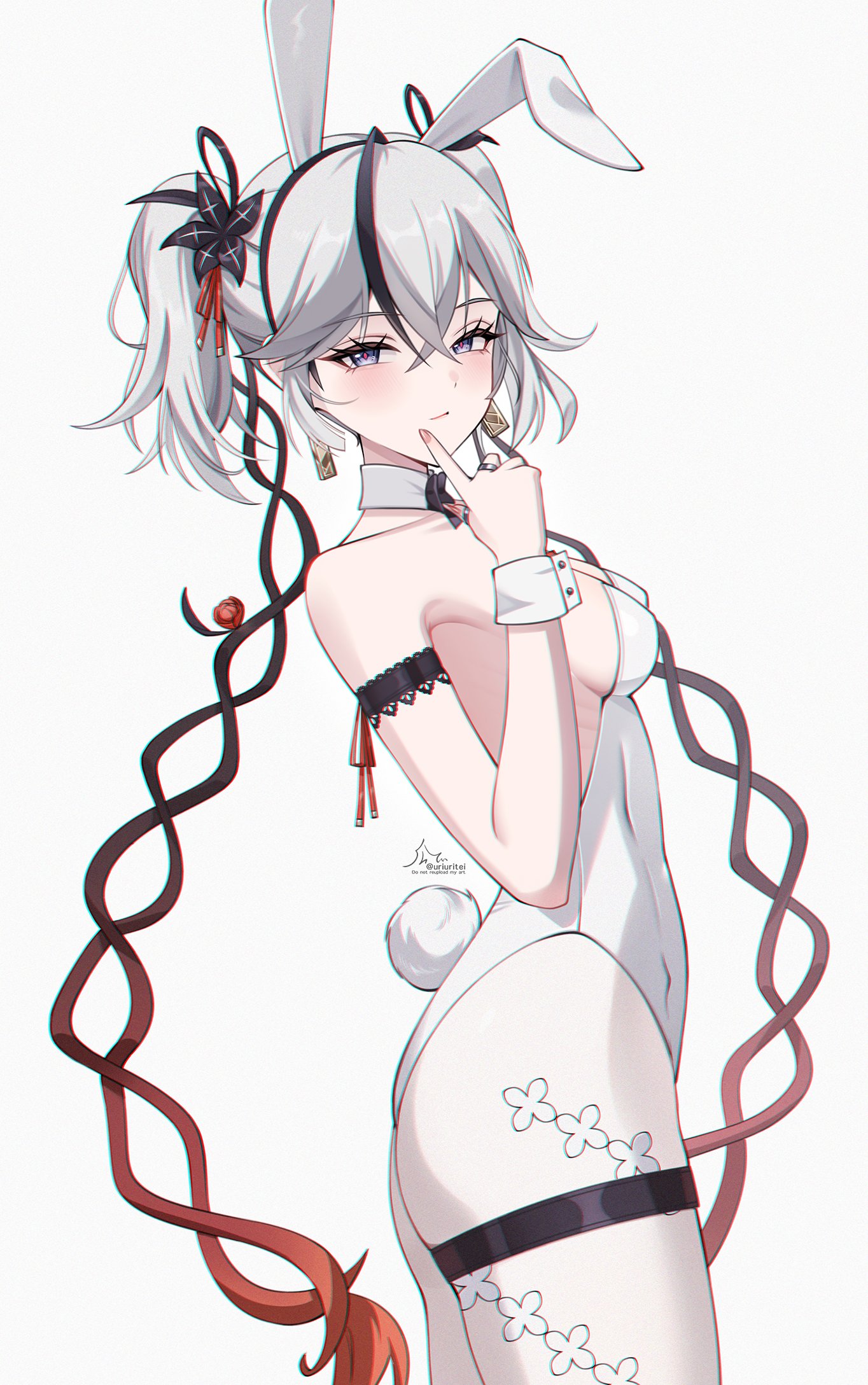 uriuritei, camellya (wuthering waves), wuthering waves, commentary, highres, 1girl, alternate costume, animal ears, armlet, bare shoulders, black eyes, black flower, blake bloom (wuthering waves), breasts, chromatic aberration, closed mouth, collar, cowboy shot, detached collar, earrings, fake animal ears, fake tail, fingernails, flower, from side, gold earrings, hair between eyes, hair flower, hair ornament, hair vines, jewelry, leotard, looking at viewer, looking to the side, medium breasts, pantyhose, playboy bunny, rabbit ears, rabbit tail, red pupils, short hair, sideboob, solo, strapless, strapless leotard, tail, thighlet, twintails, white collar, white leotard, white pantyhose