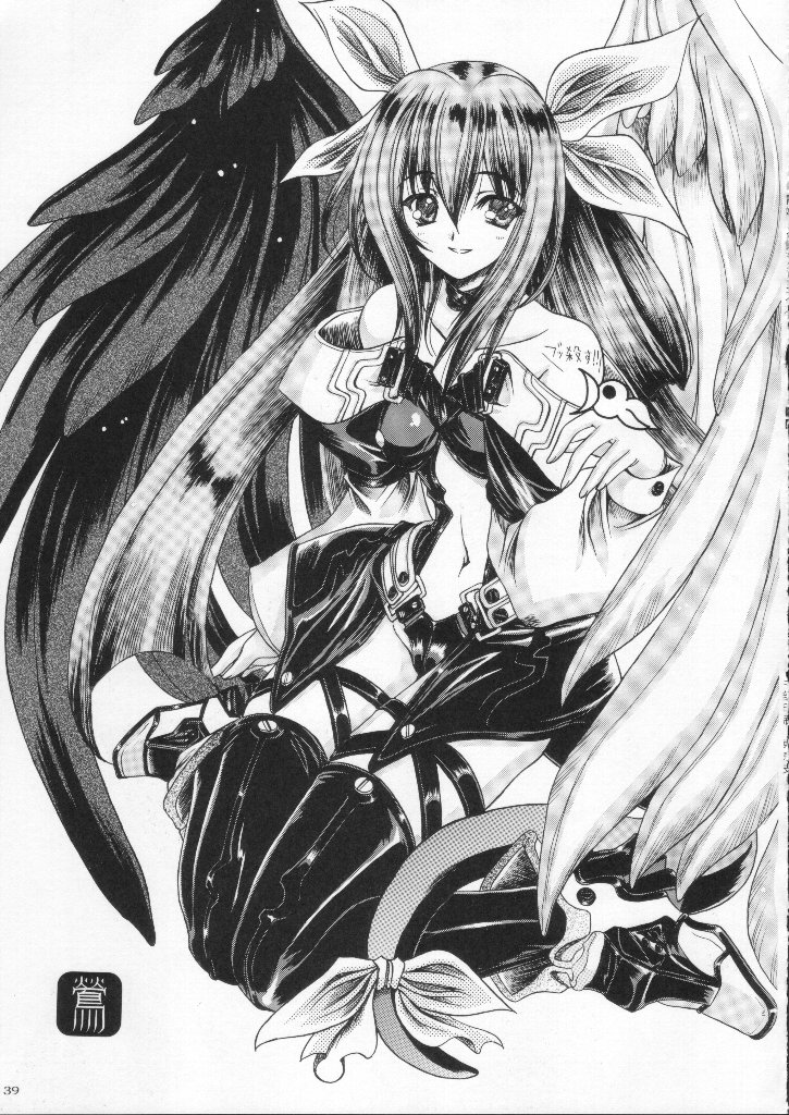 kacchu musume, dizzy (guilty gear), arc system works, guilty gear, non-web source, 1girl, asymmetrical wings, boots, bow, female focus, greyscale, hair bow, long hair, long sleeves, midriff, monochrome, navel, ribbon, smile, solo, tail, tail ornament, tail ribbon, thighhighs, twintails, wings