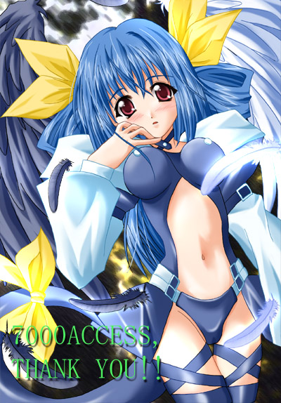 dizzy (guilty gear), arc system works, guilty gear, 1girl, asymmetrical wings, blue hair, bow, feathers, female focus, hair bow, long sleeves, midriff, navel, red eyes, ribbon, solo, tail, tail ornament, tail ribbon, thighhighs, wings