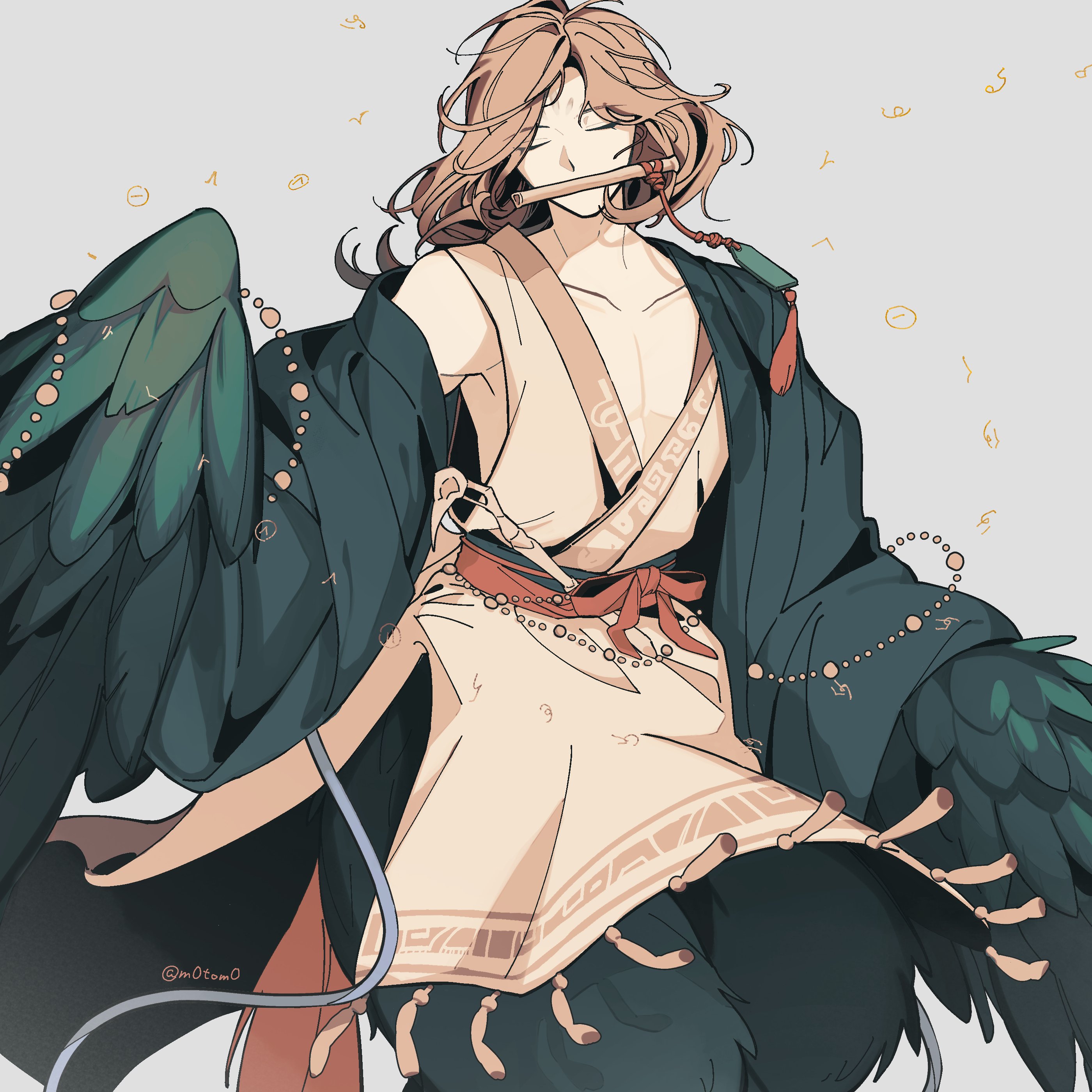 moto (m0tom0), getian (reverse:1999), reverse:1999, absurdres, highres, 1boy, bird legs, black robe, bone weapon, brown hair, chinese clothes, closed eyes, facing viewer, feet out of frame, green wings, hanfu, harpy boy, instrument, long hair, male focus, monster boy, music, playing flute, playing instrument, robe, solo, white background, white hanfu, winged arms, wings