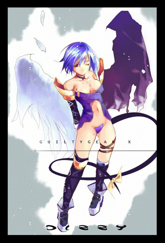 dizzy (guilty gear), arc system works, guilty gear, lowres, 1girl, alternate hairstyle, asymmetrical wings, blue eyes, blue hair, boots, bow, breasts, choker, cleavage, detached sleeves, feathers, female focus, matching hair/eyes, medium breasts, midriff, navel, one eye closed, ribbon, short hair, solo, strapless bottom, tail, tail ornament, tail ribbon, thigh strap, thighhighs, wings, wink