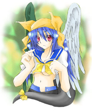 dizzy (guilty gear), arc system works, guilty gear, lowres, 1girl, asymmetrical wings, blue hair, female focus, pirate, red eyes, ribbon, solo, tail, tail ornament, tail ribbon, wings