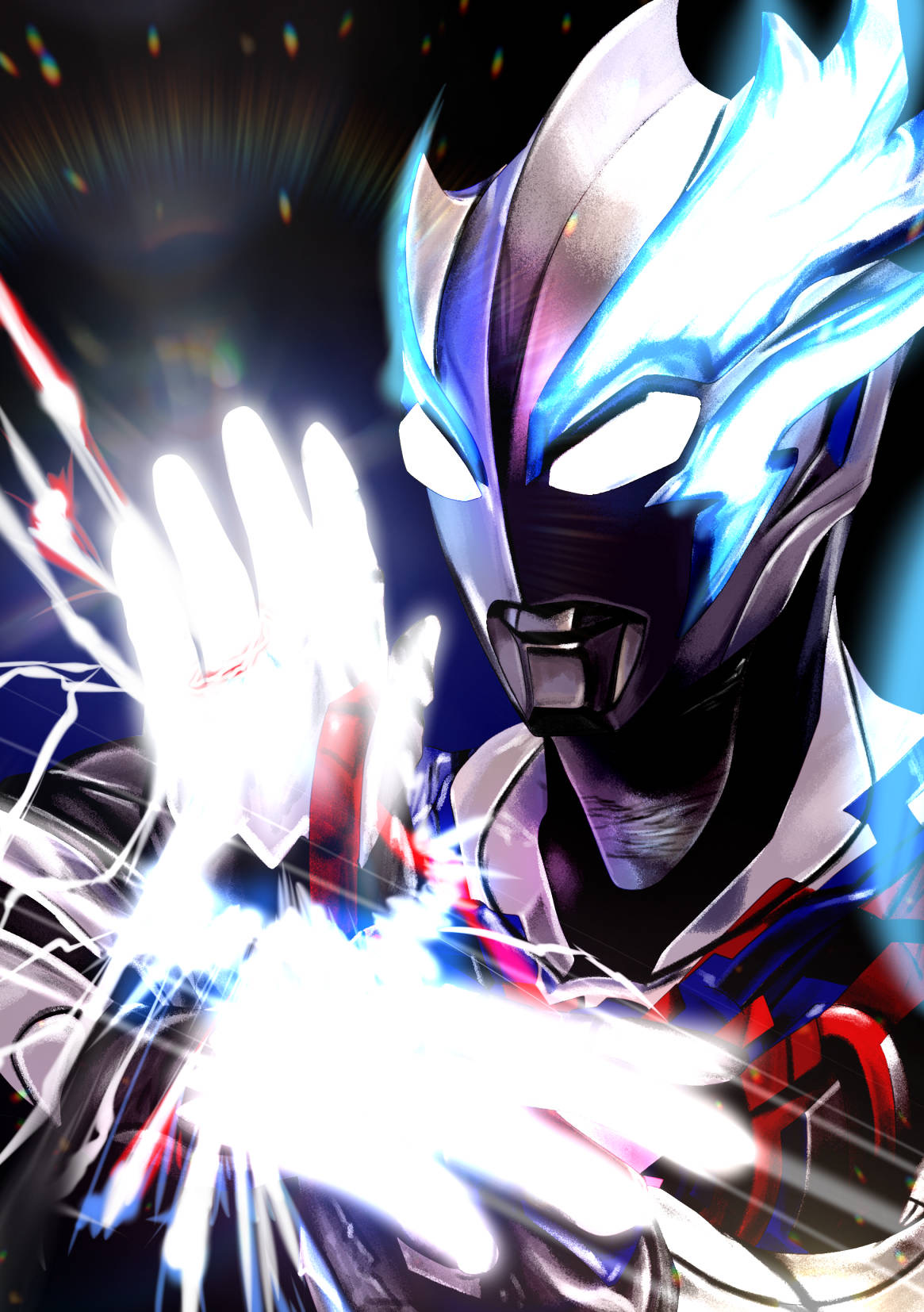 4ze meteor, ultraman blazar, ultra series, ultraman blazar (series), commentary, highres, mixed-language commentary, 1boy, alien, asymmetrical horns, black background, blue background, blue horns, blue skin, color timer, colored skin, compound eyes, crossed wrists, dorsal fin, energy, glowing, glowing eyes, glowing hands, glowing horns, gradient background, hands up, horns, lens flare, light particles, looking ahead, male focus, multicolored skin, powering up, red skin, silver skin, solo, tokusatsu, ultra beam, upper body, white eyes