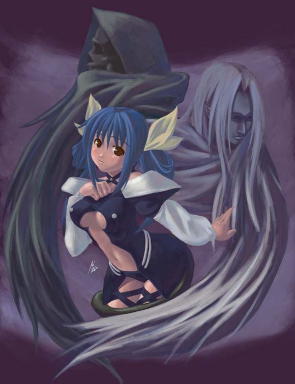 dizzy (guilty gear), necro (guilty gear), undine (guilty gear), arc system works, guilty gear, 1girl, asymmetrical wings, blue hair, choker, leaning forward, long hair, red eyes, signature, tail, twintails, wings