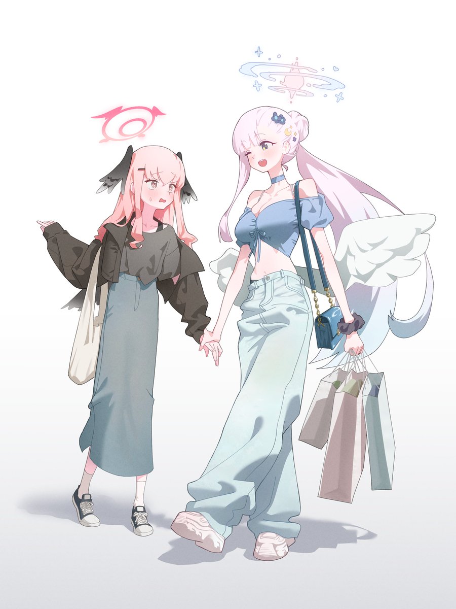 koharu (blue archive), mika (blue archive), blue archive, commentary, highres, revision, 2girls, ;d, alternate costume, alternate hairstyle, angel wings, bag, bare shoulders, black choker, blush, breasts, casual, choker, couple, dating, demon wings, denim, dress, feathered wings, flower, full body, hair ornament, halo, handbag, holding, holding hands, horns, jacket, long hair, long sleeves, multiple girls, off-shoulder shirt, off shoulder, one eye closed, open mouth, pants, pink hair, pink halo, shirt, short sleeves, smile, standing, umbrella, very long hair, white shirt, wings, yona (yoroyoro), yuri