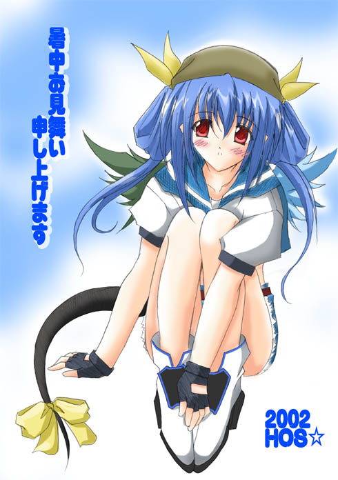 dizzy (guilty gear), arc system works, guilty gear, 1girl, asymmetrical wings, blue hair, blue sailor collar, female focus, pirate, red eyes, ribbon, sailor collar, solo, tail, tail ornament, tail ribbon, wings
