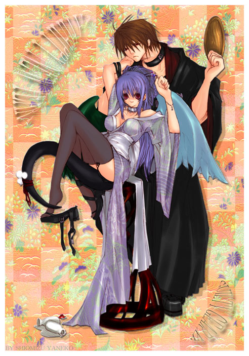 yaneko shiomizu, dizzy (guilty gear), sol badguy, arc system works, guilty gear, japanese clothes, shoe dangle, tail, thighhighs